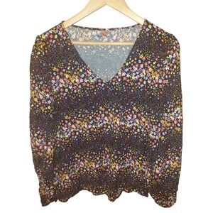 Willow + Root Womens XL Ditsy Floral V-Neck Long Sleeve Blouse Black Multi Color